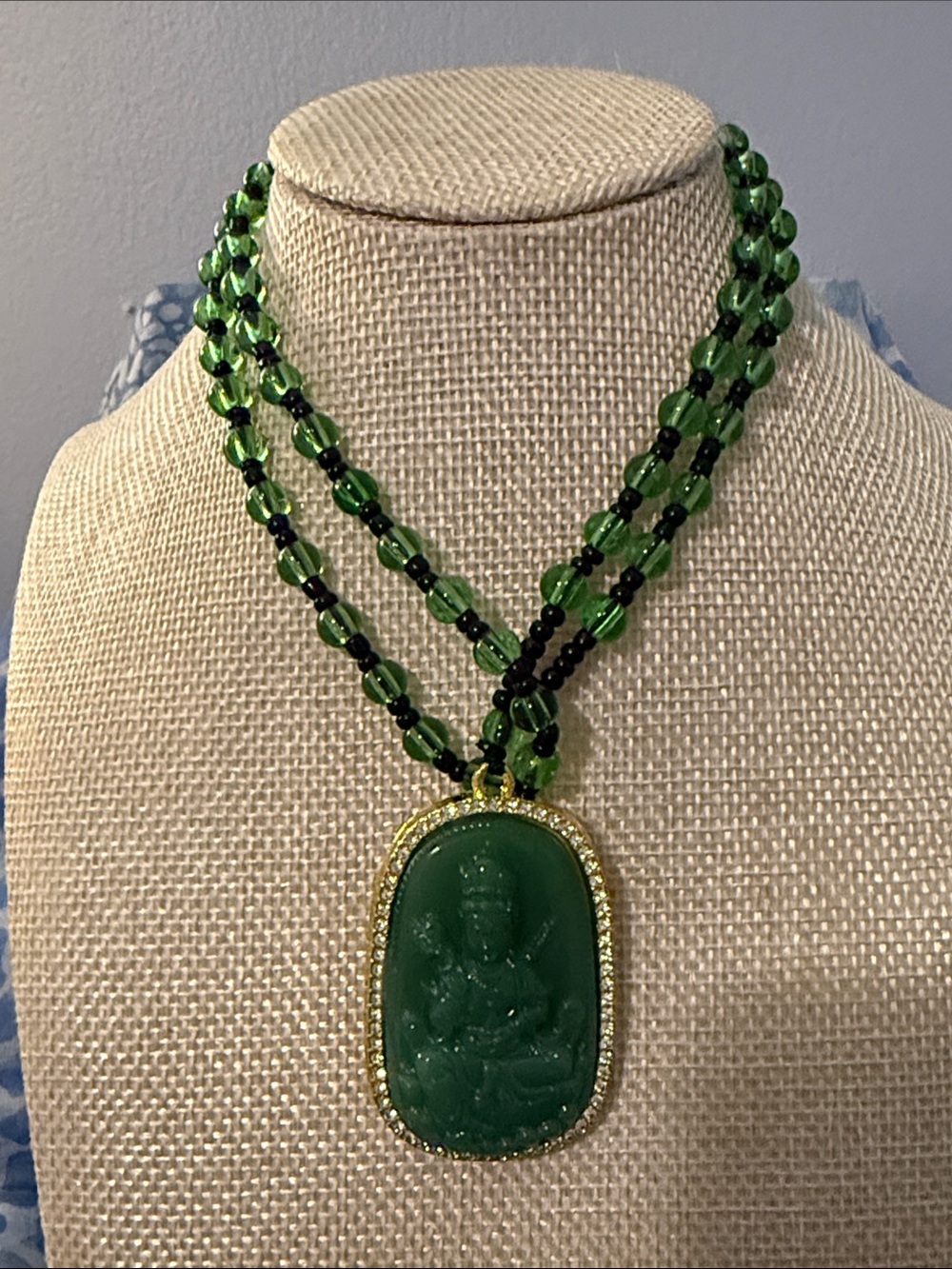 Green Glass Jade Buddha Amulet Pendant with Gold Trim - Picture 5 of 7